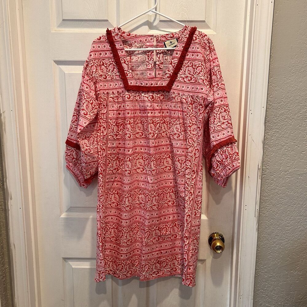 Tuckernuck Pink Red Printed Peasant Dress